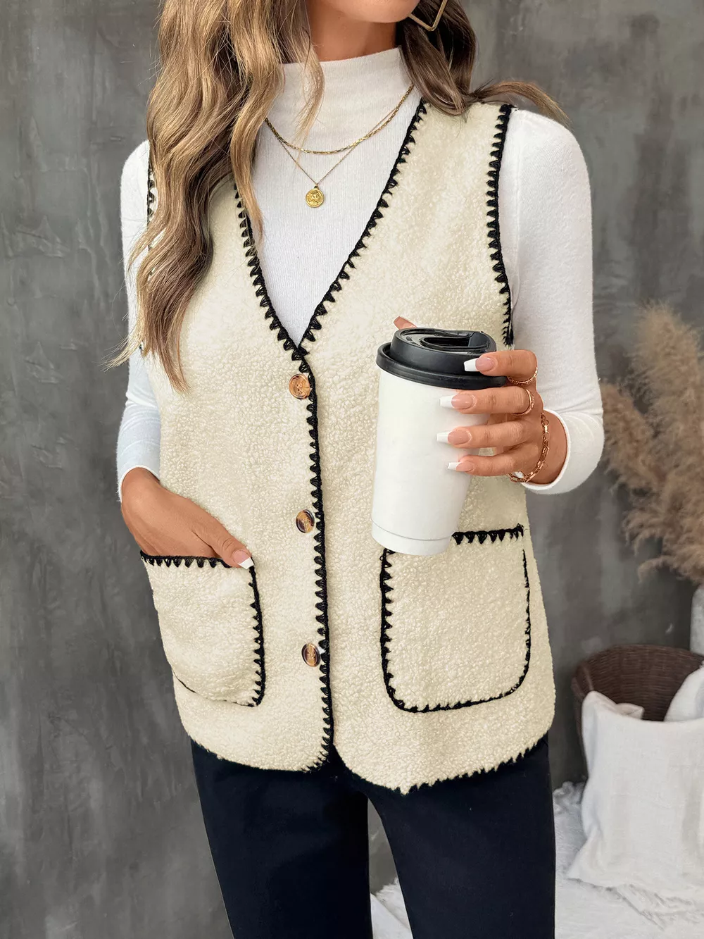 V-Neck Button Up Vest Coat, image 2
