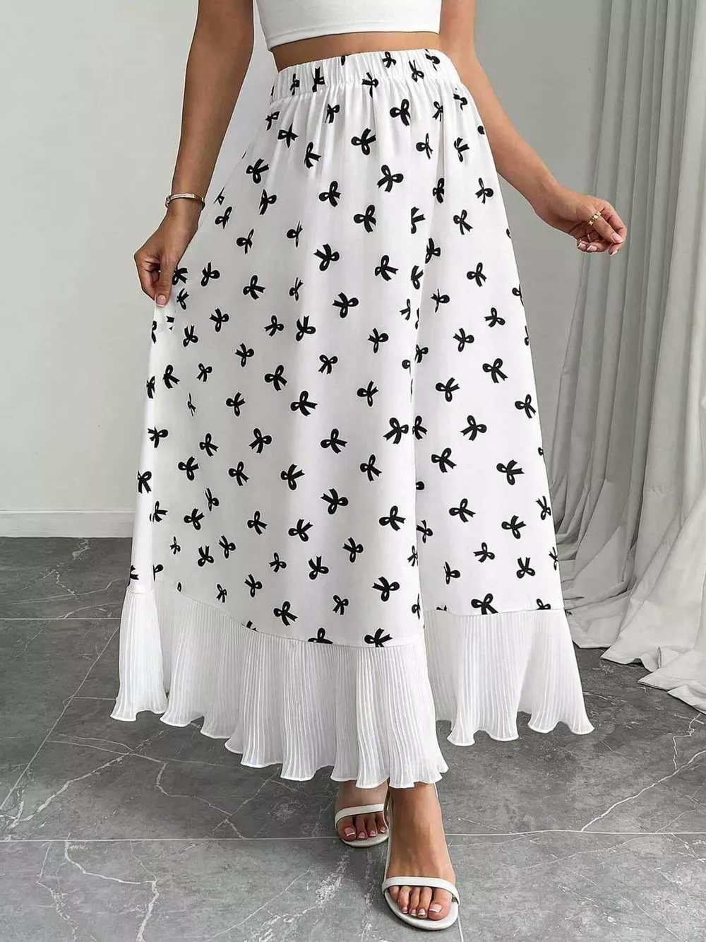 Bow Print Ruffle Hem Flowy Maxi Skirt, image 4