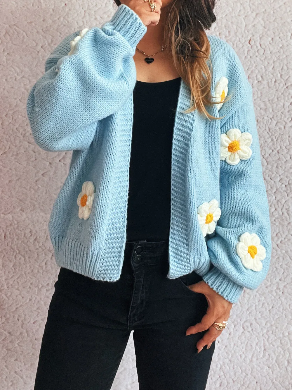 Flower Open Front Long Sleeve Cardigan, image 4