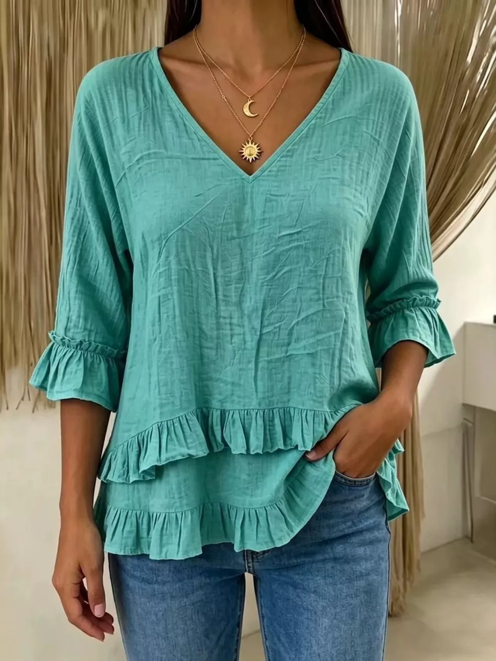 V-Neck Ruffle Sleeve Top, image 2