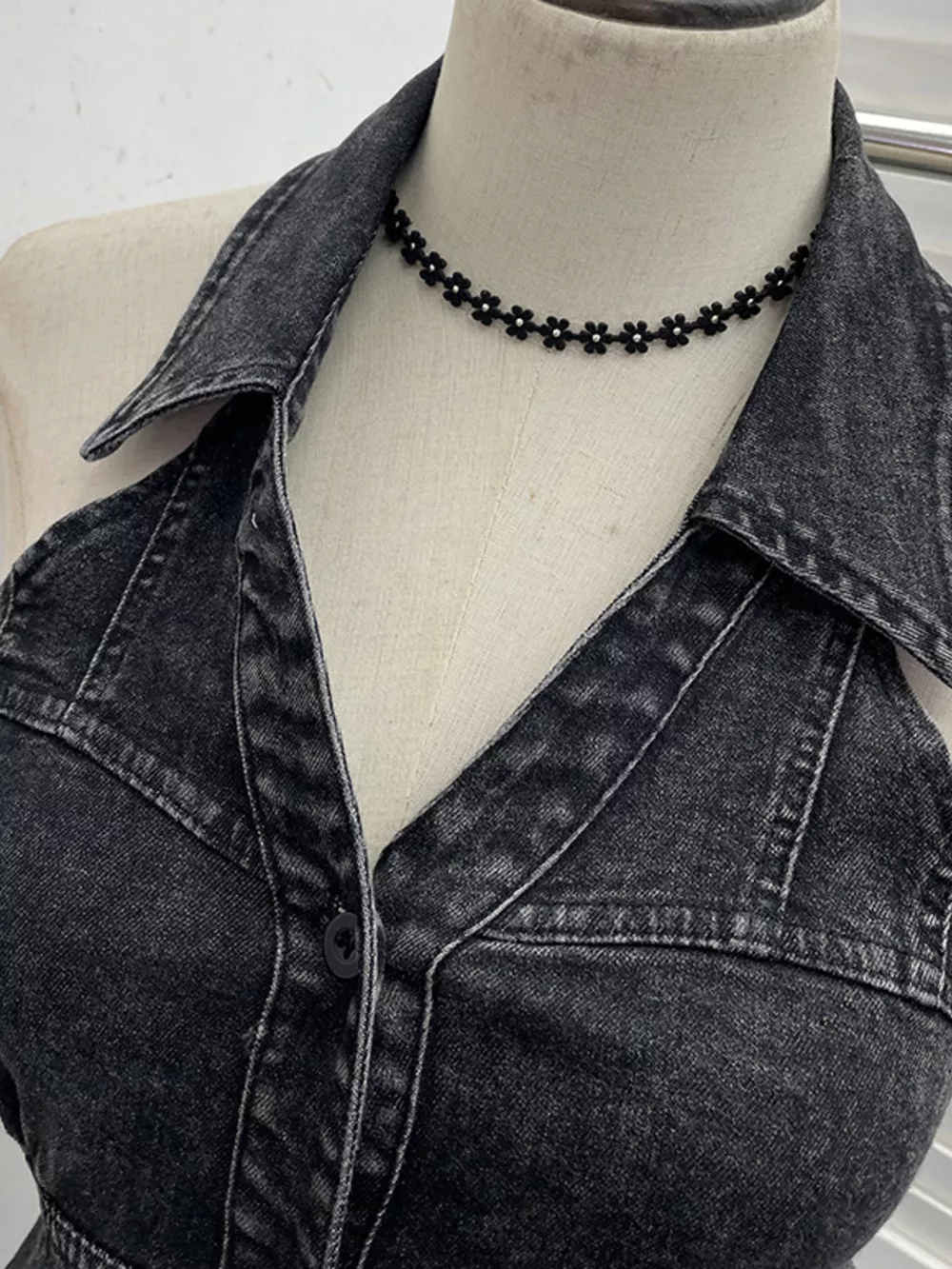 Smocked Denim Halter Collar Top, image 10
