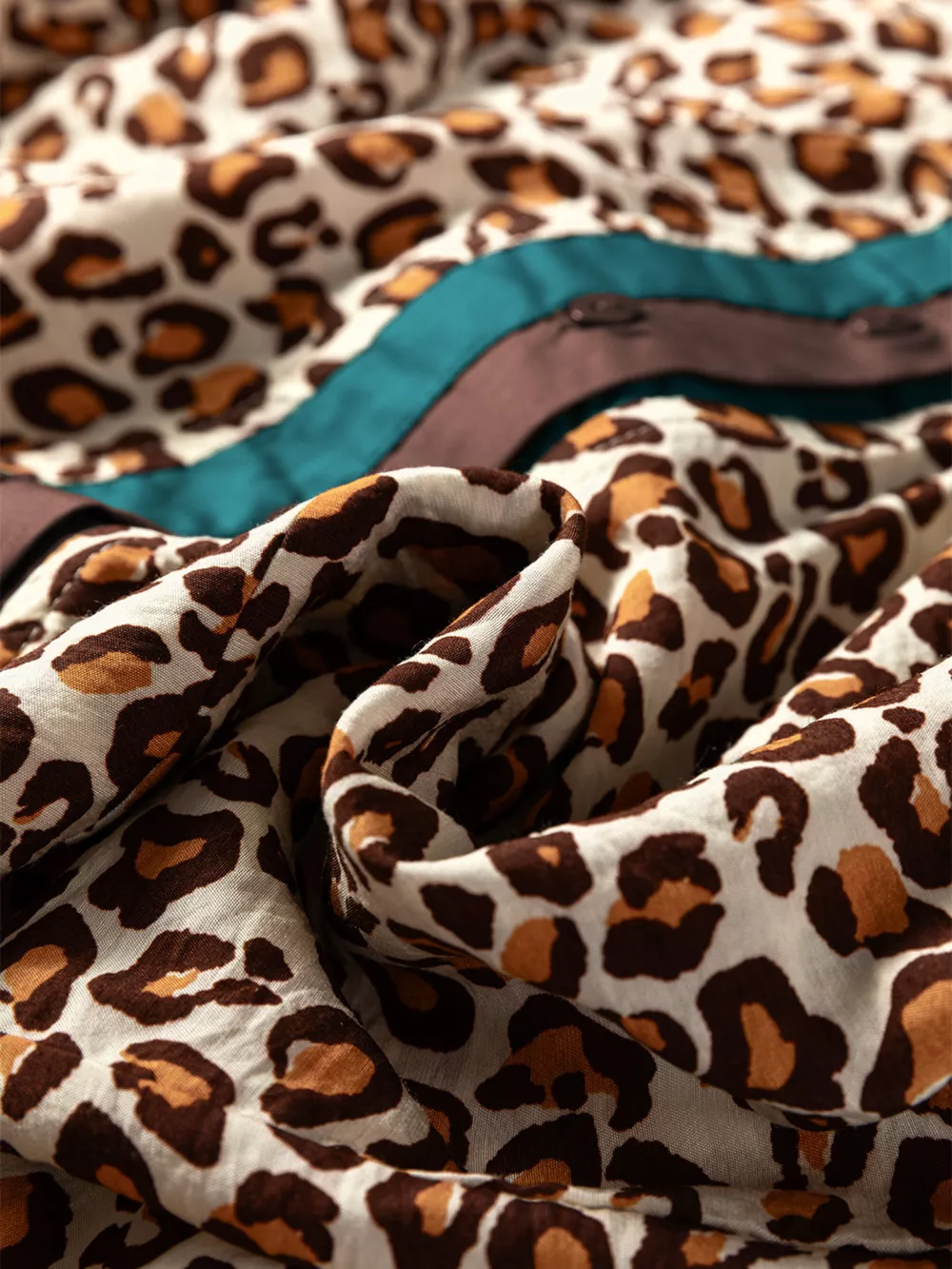 Leopard Print Contrast Frilled Trim Button Down V Neck Shirt, image 4