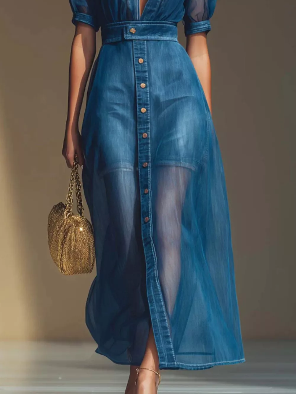 Sheer Panel Button-Down Maxi Dress, image 3