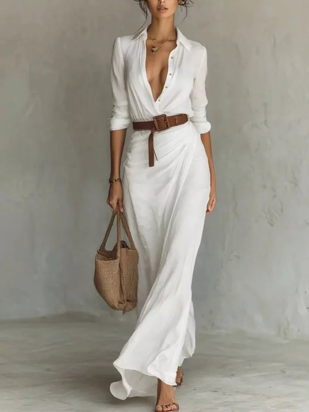 Button Front Long-Sleeve Shirt Maxi Dress, image 5