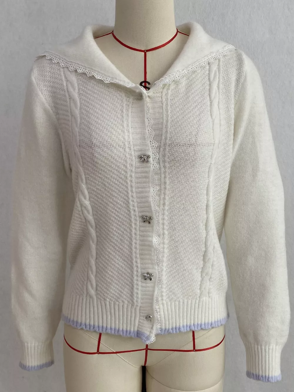 Cable-Knit Cardigan with Lace Trim, image 17