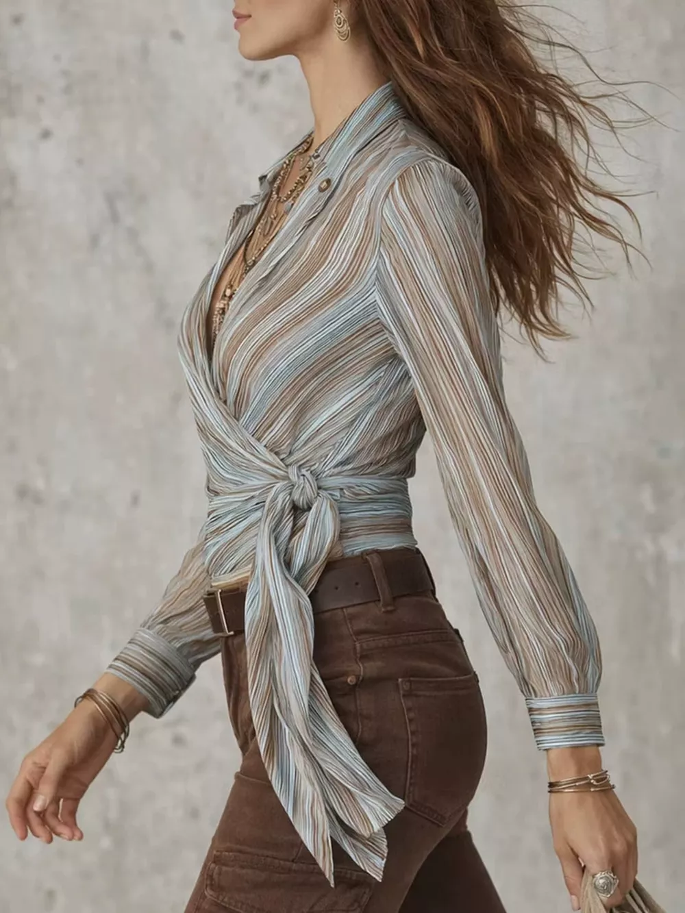 Striped Wrap Shirt with Tie-Front Detail, image 4