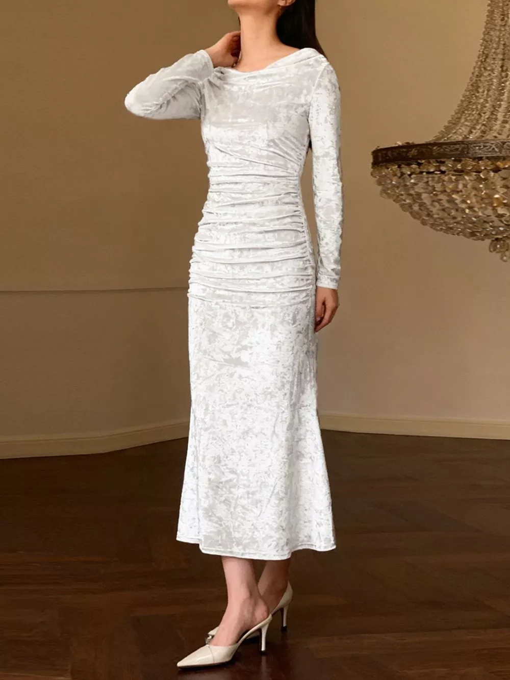 Velvet Ruched Bodycon Midi Dress, image 2