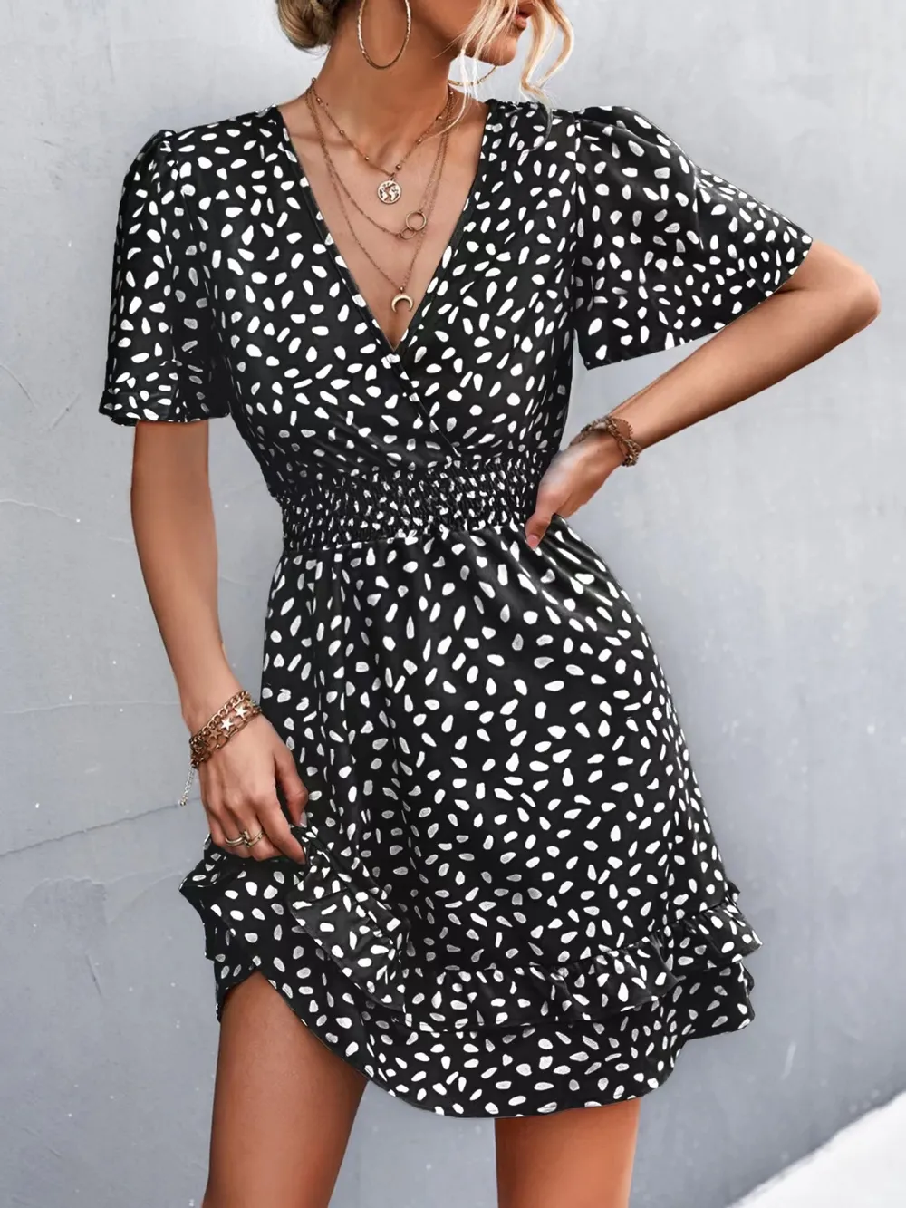 V-Neck Flutter Sleeve Mini Dress, image 2
