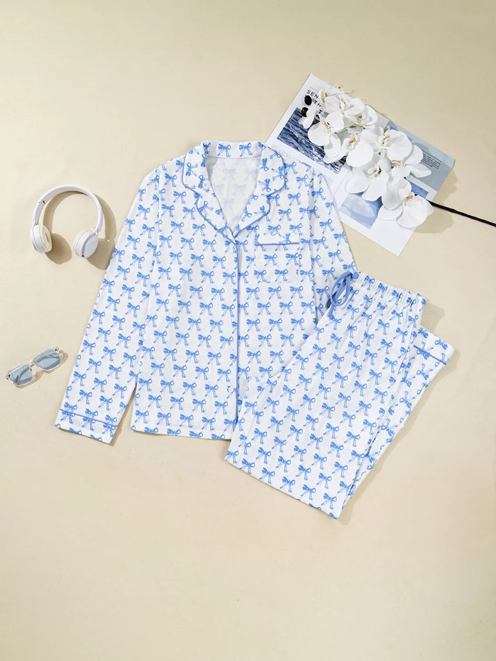 Bow Print Long Sleeve Shirt and Pants Pajama Set, image 5