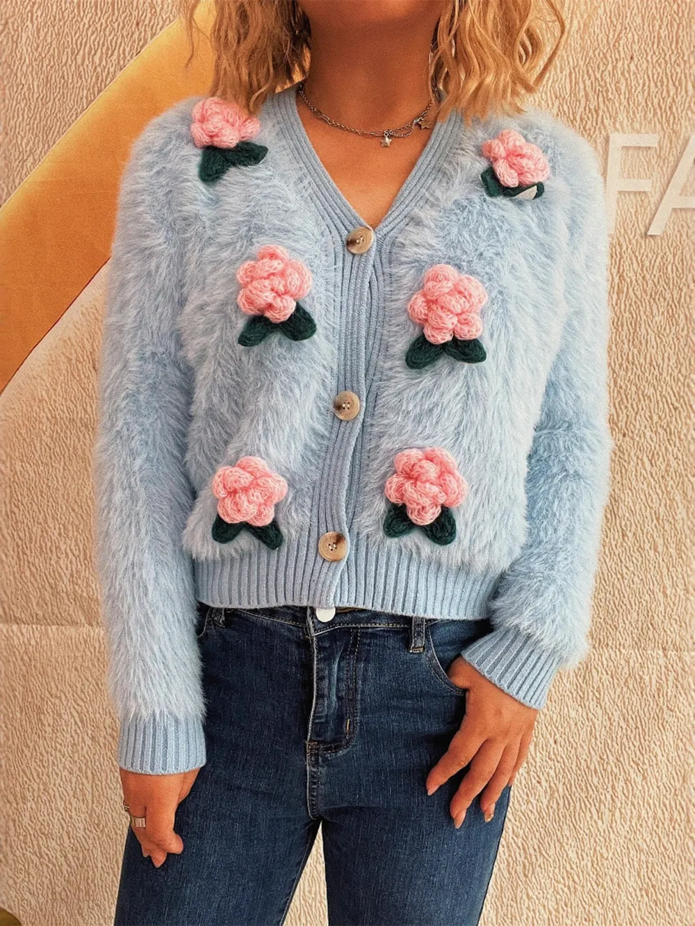 Flower Fuzzy Button-Up Cardigan, image 6