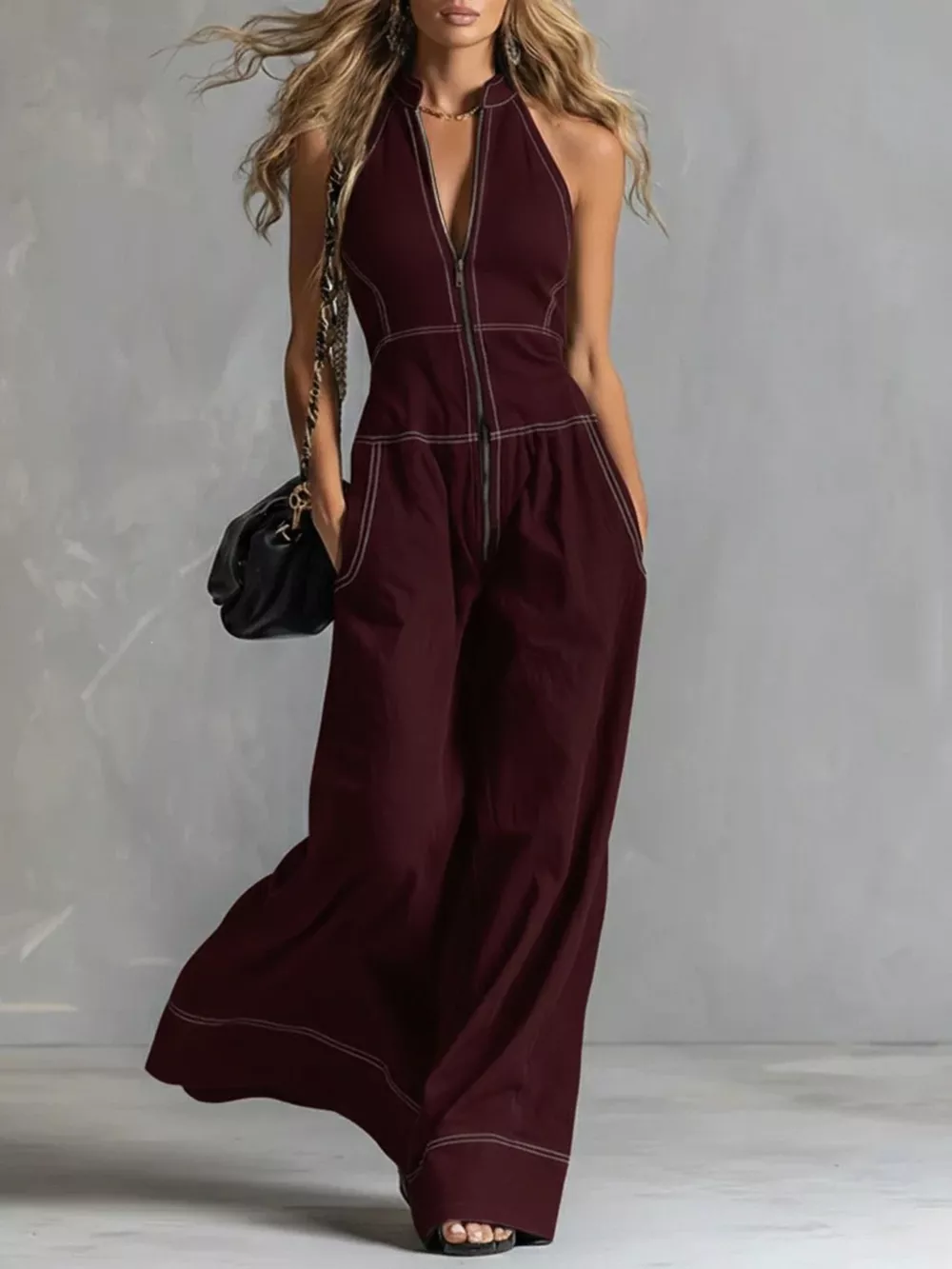 Zip Front Sleeveless Wide Leg Jumpsuit, image 6