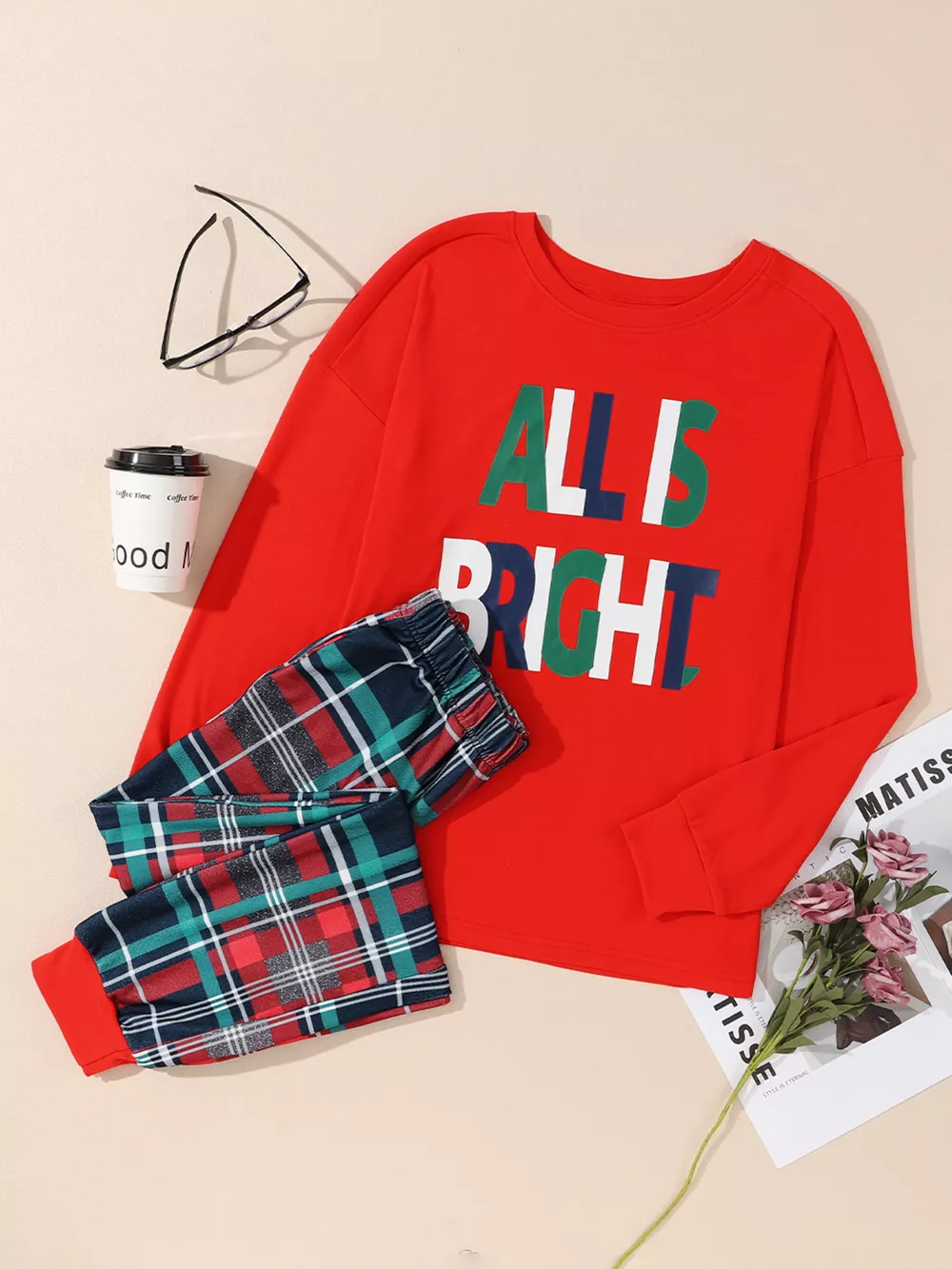ALL IS BRIGHT Graphic Christmas Plaid Pajamas Set, image 5