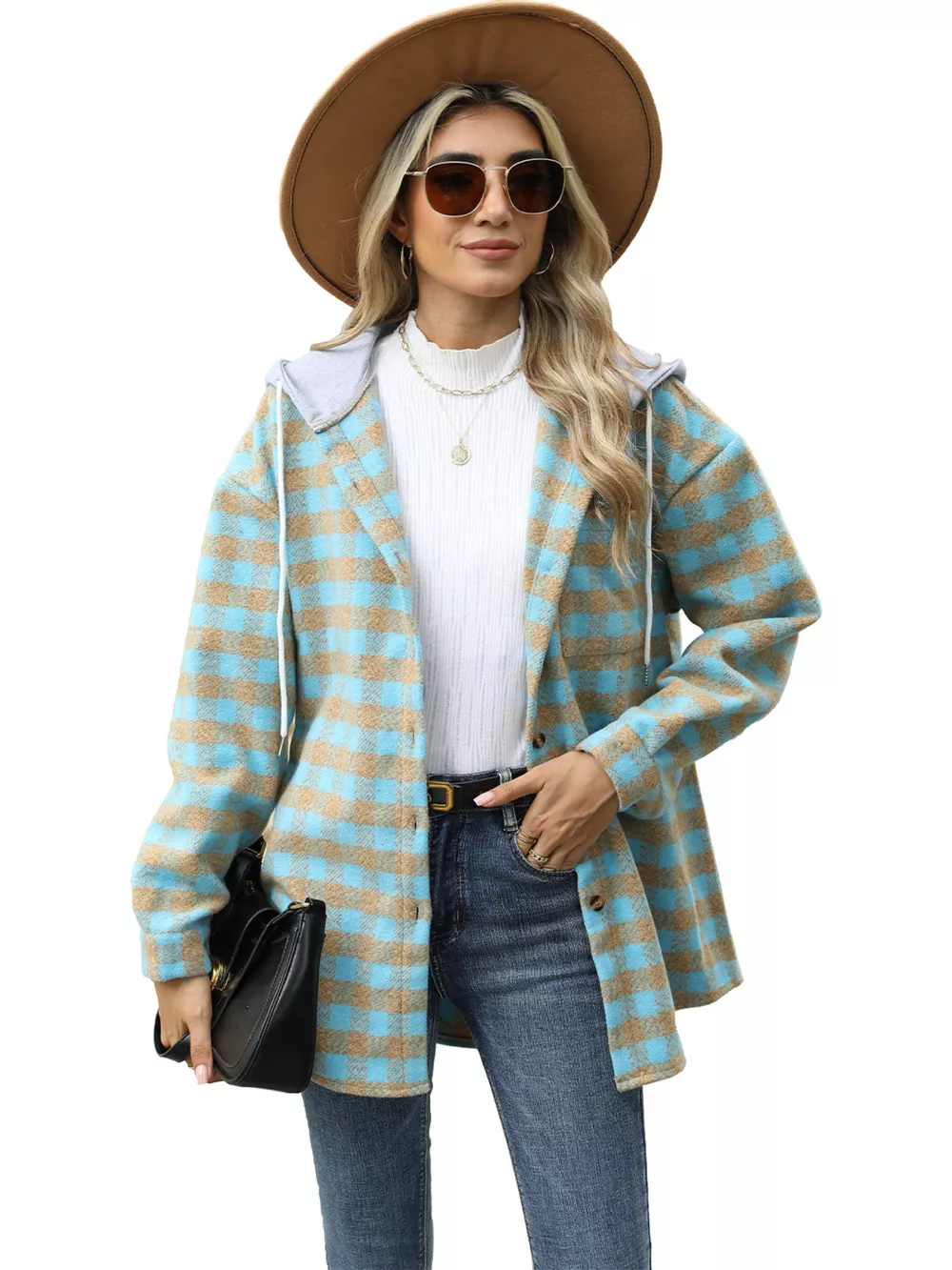 Plaid Button Up Long Sleeve Drawstring Hooded Jacket, image 9