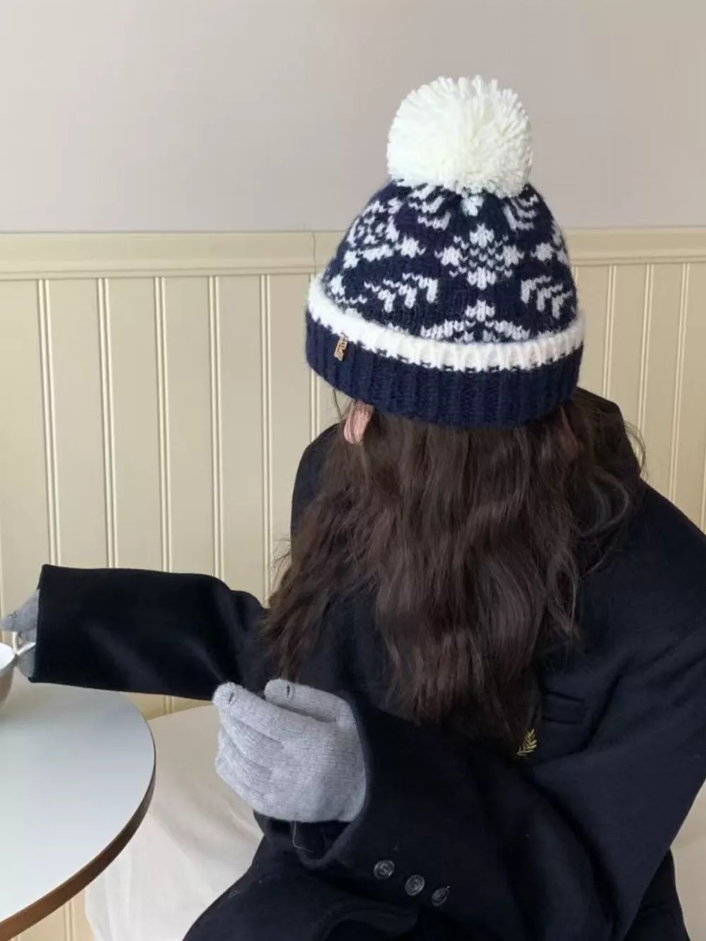 Snowflake Knitted Beanie Hat with Pom Pom, image 2