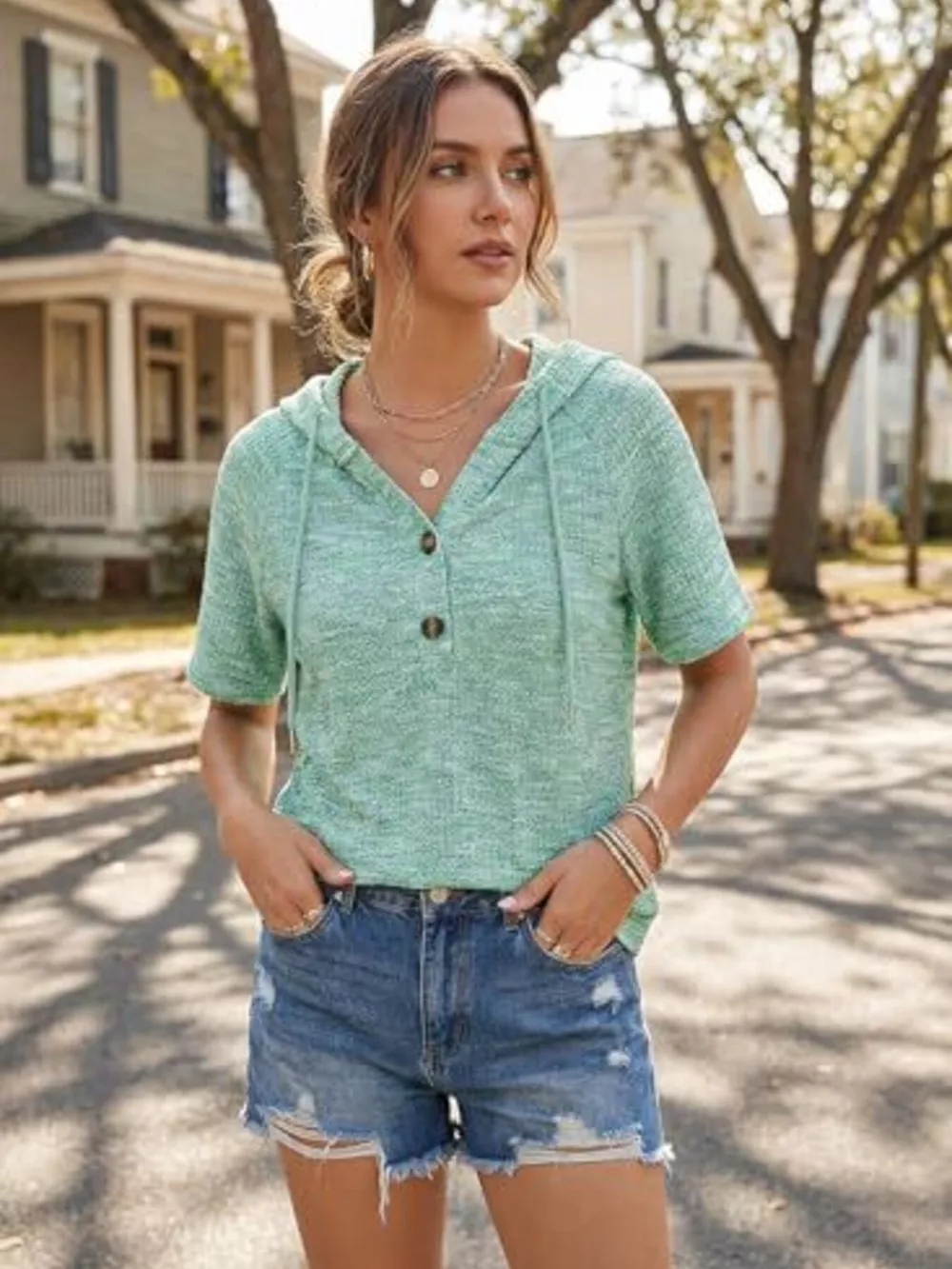 Drawstring Short Sleeve Hooded Top, image 11