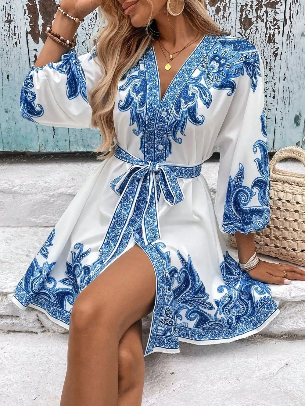 Paisley Print V-Neck Belted Mini Dress, image 2
