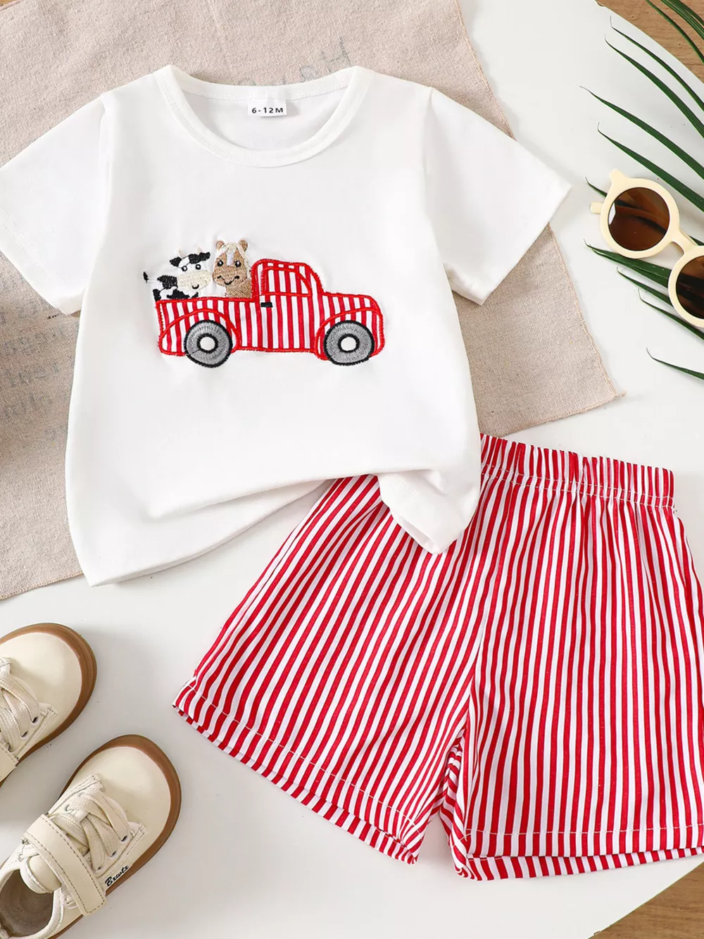 Children's Cartoon Tractor Embroidered Tee and Shorts Set, image 7