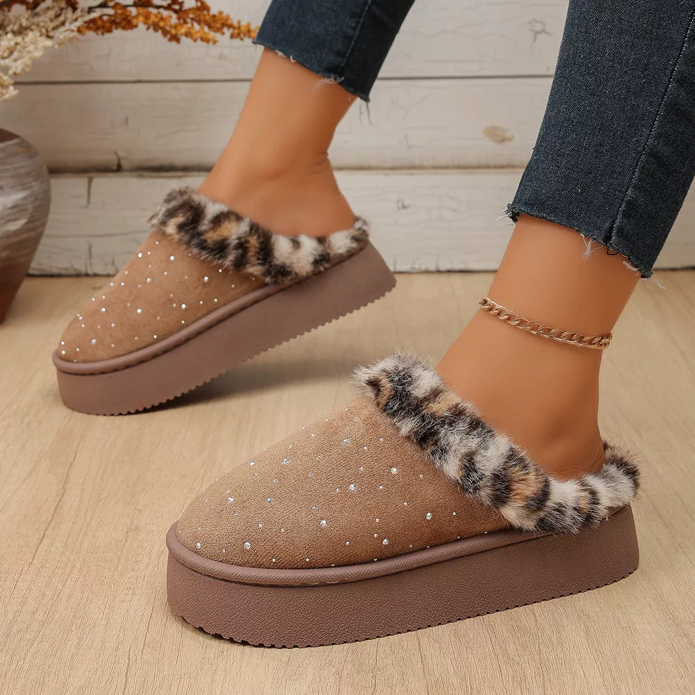 Rhinestone Faux Fur Platform Slippers, image 9
