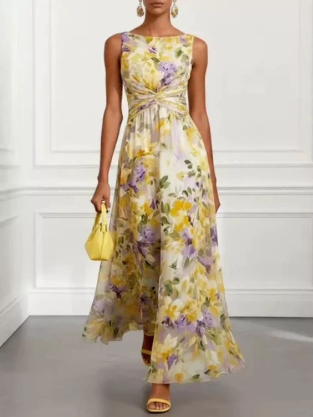 Floral Print Sleeveless Twist-Front Maxi Dress, image 3