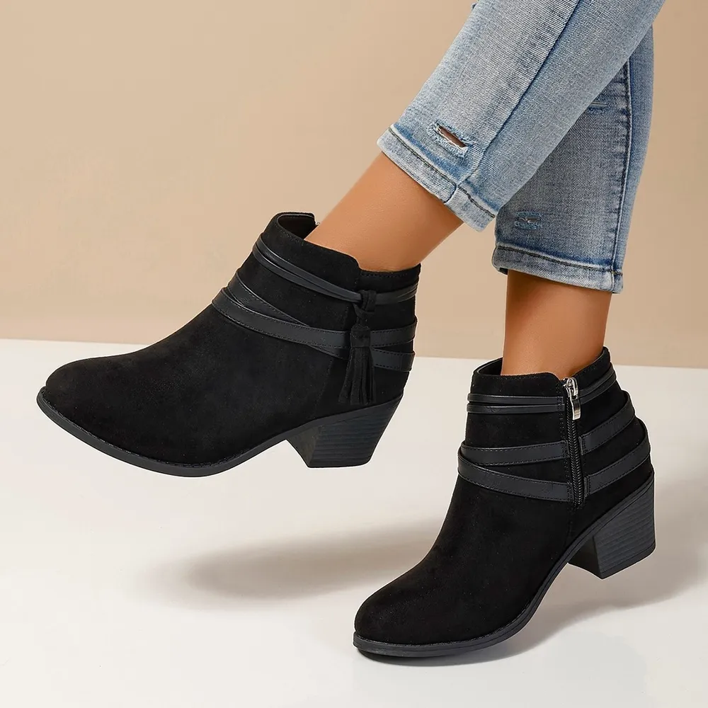 Tassel Point Toe Block Heels Boots, image 4
