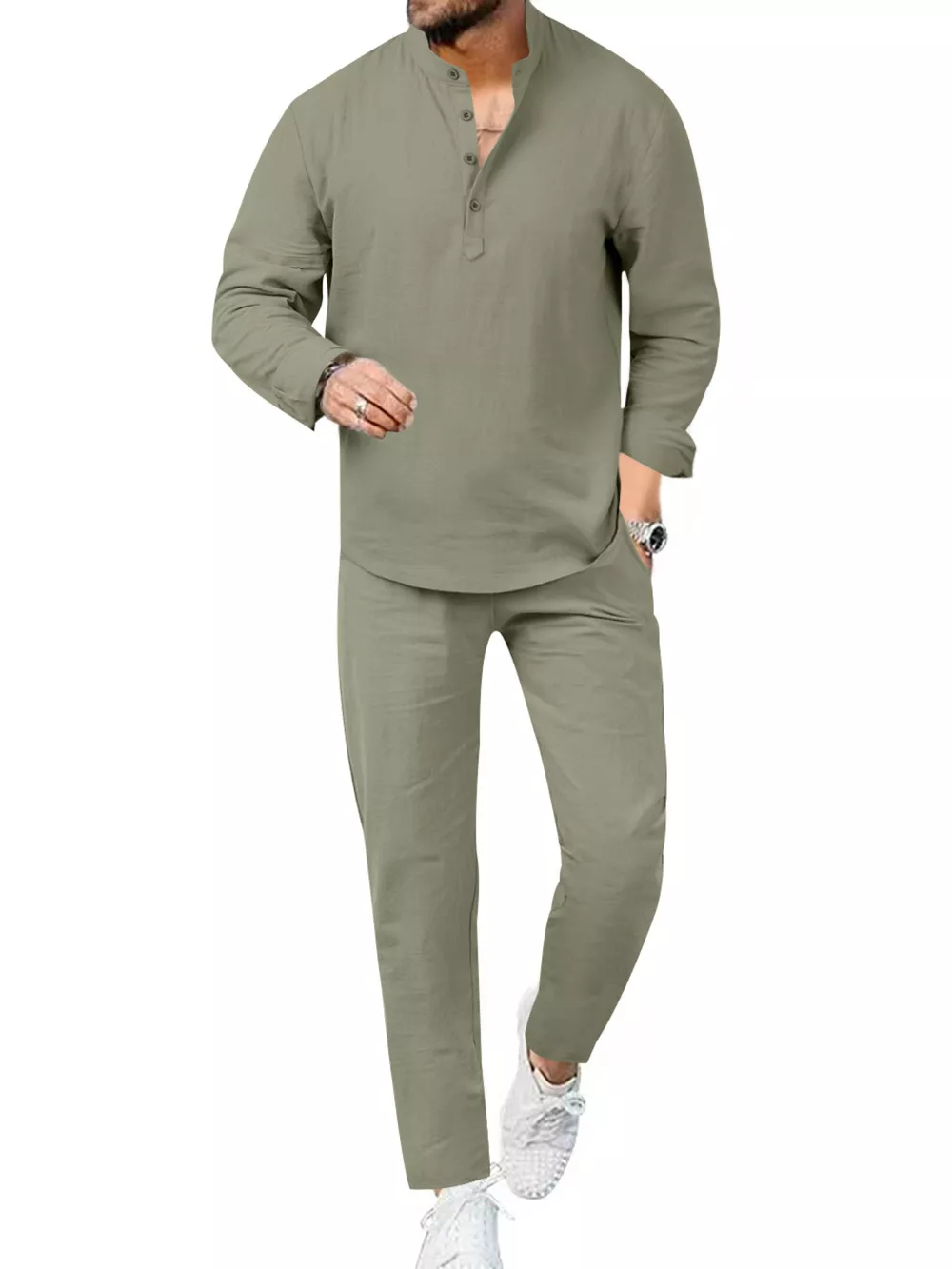 Men's Full Size Casual Long Sleeve Shirt and Pants Set Plus Size