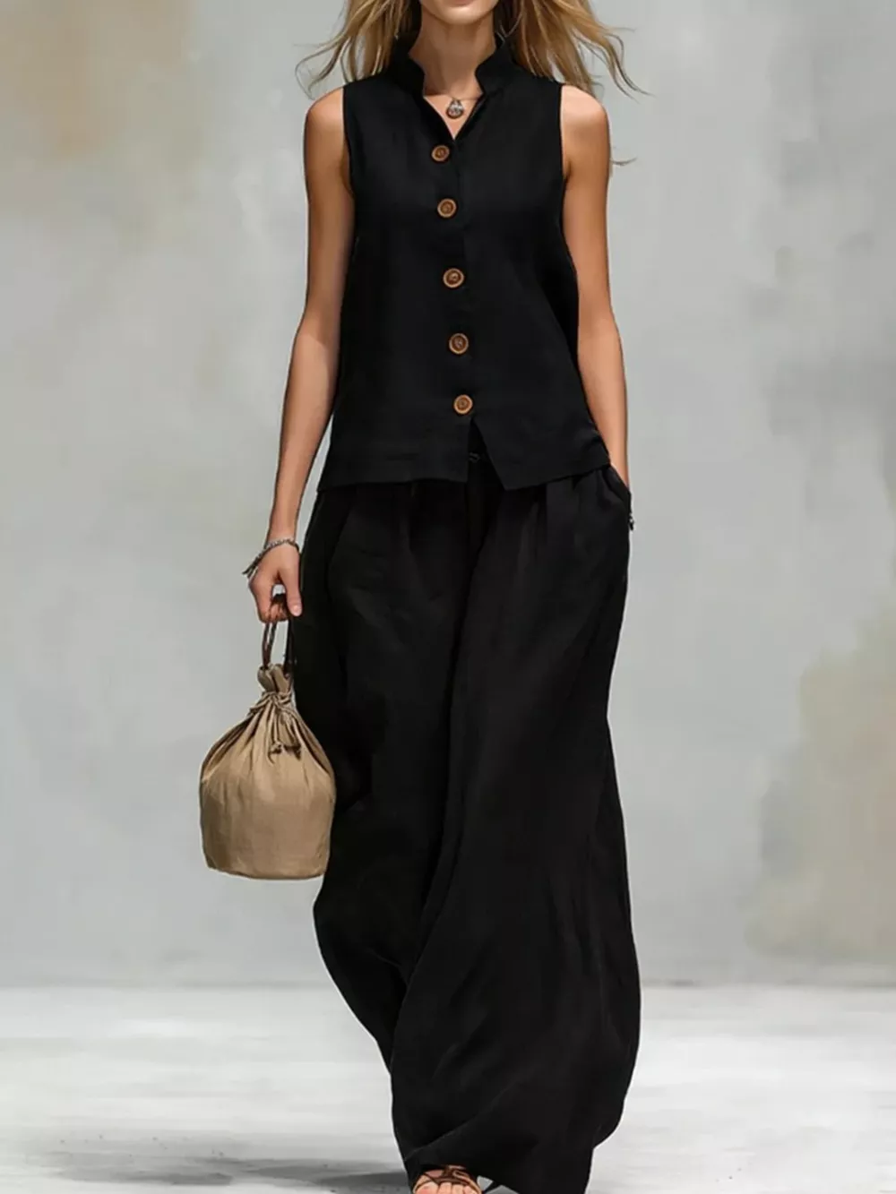 Sleeveless Button-Down Top and Wide-Leg Pant Set, image 7
