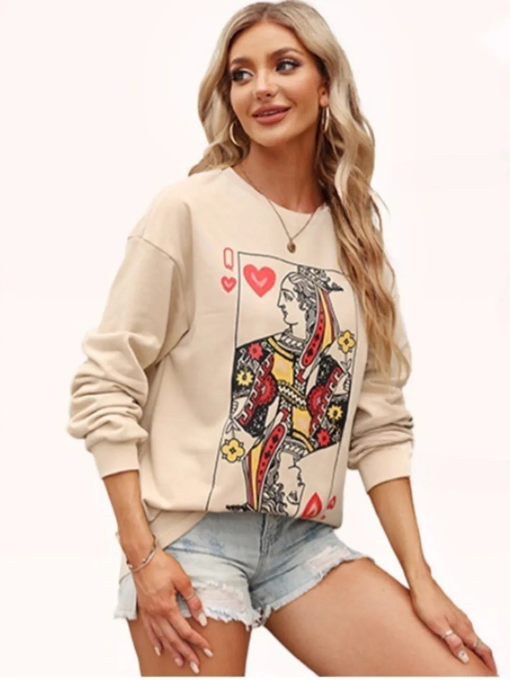 Queen of Hearts Playing Card Graphic Round Neck Sweatshirt, image 5