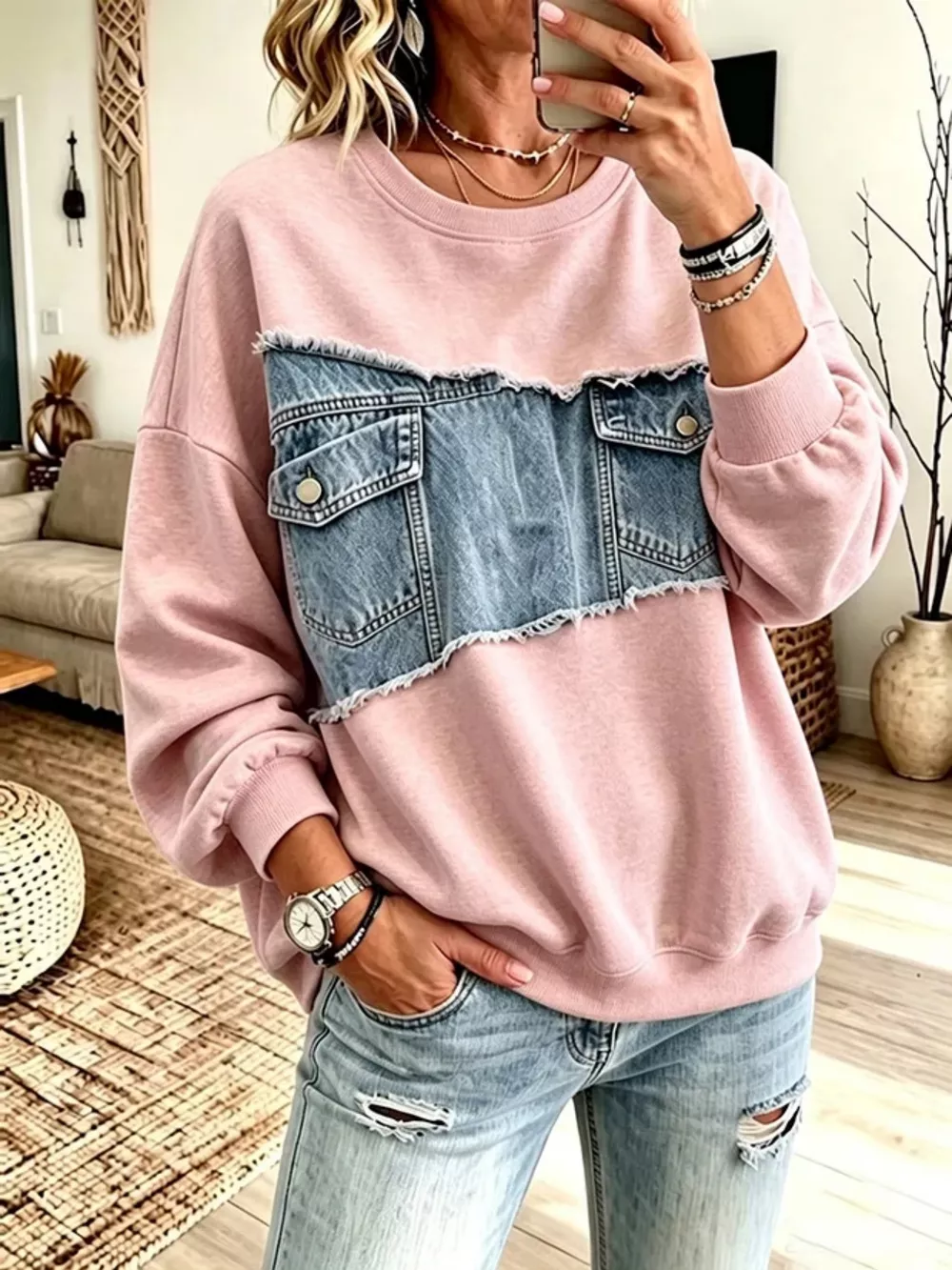 Full Size Denim Patchwork Dropped Shoulder Sweatshirt Plus Size