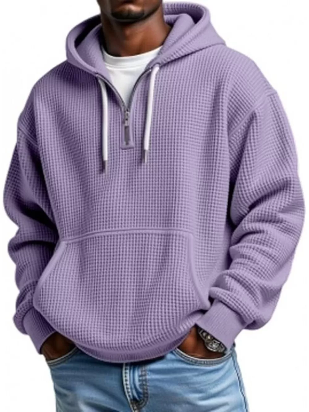 Men's Full Size Waffle Knit Quarter Zip Hoodie Plus Size, image 4