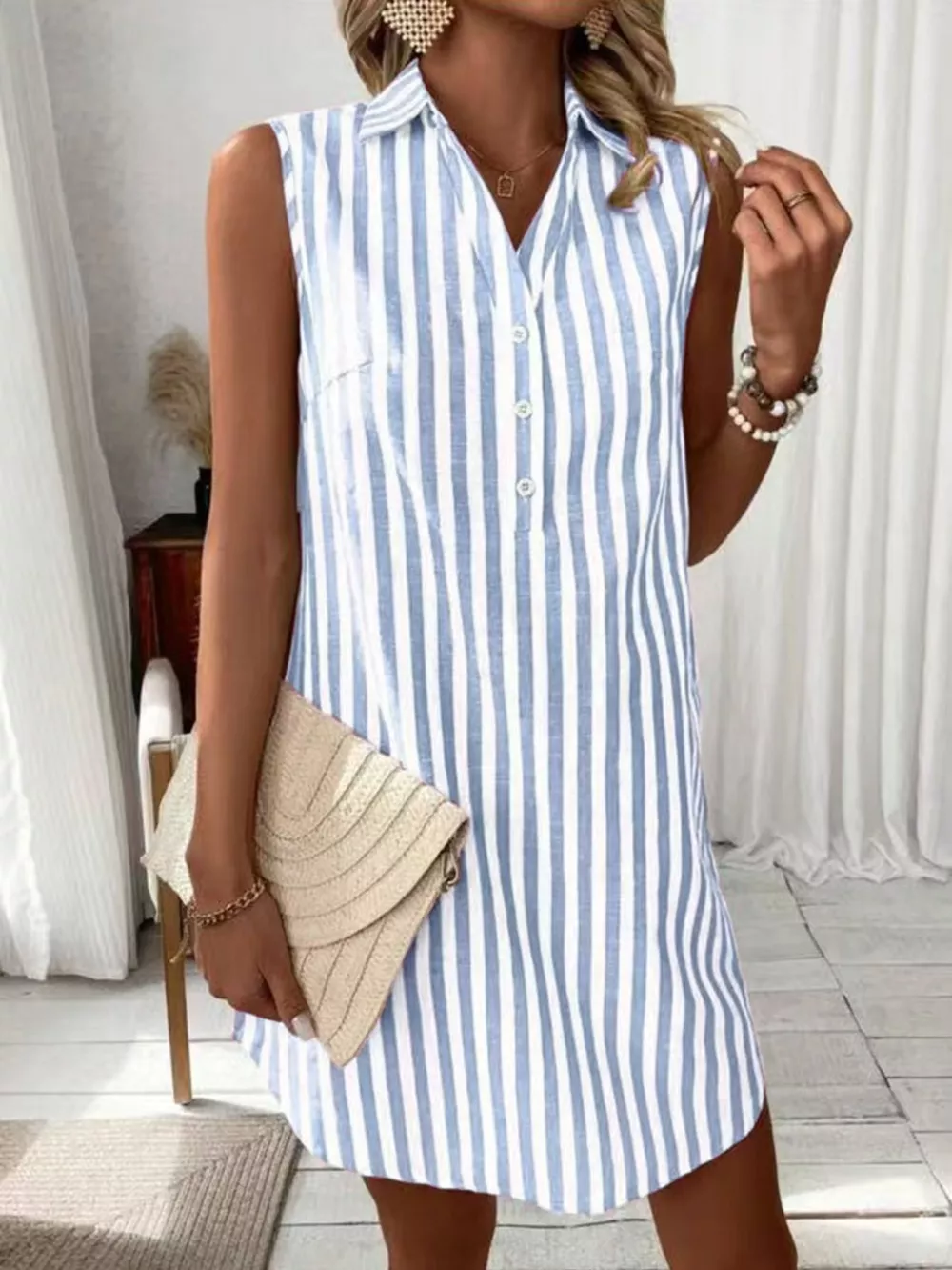 Sleeveless Striped Button Detail Shirt Dress, image 8