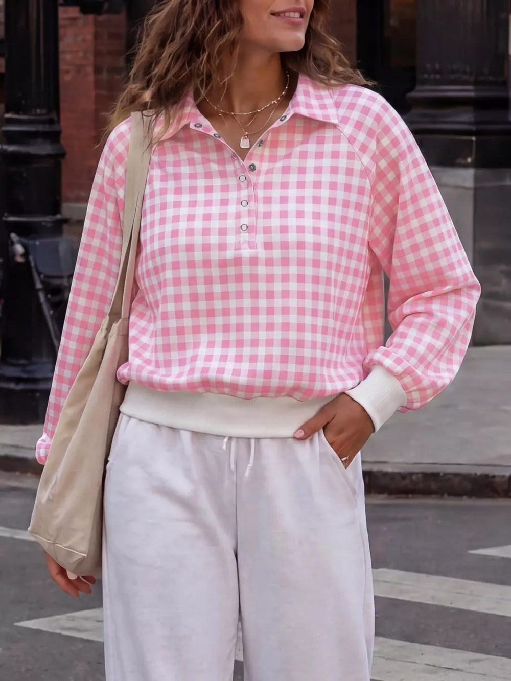 Gingham Plaid Collared Sweatshirt with Ribbed Hem, image 14