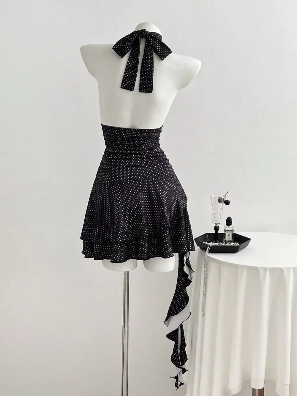 Polka Dot Cutout Front Halter Neck Dress, image 4