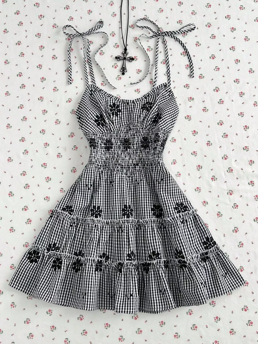 Gingham Floral Tiered Mini Dress, image 4