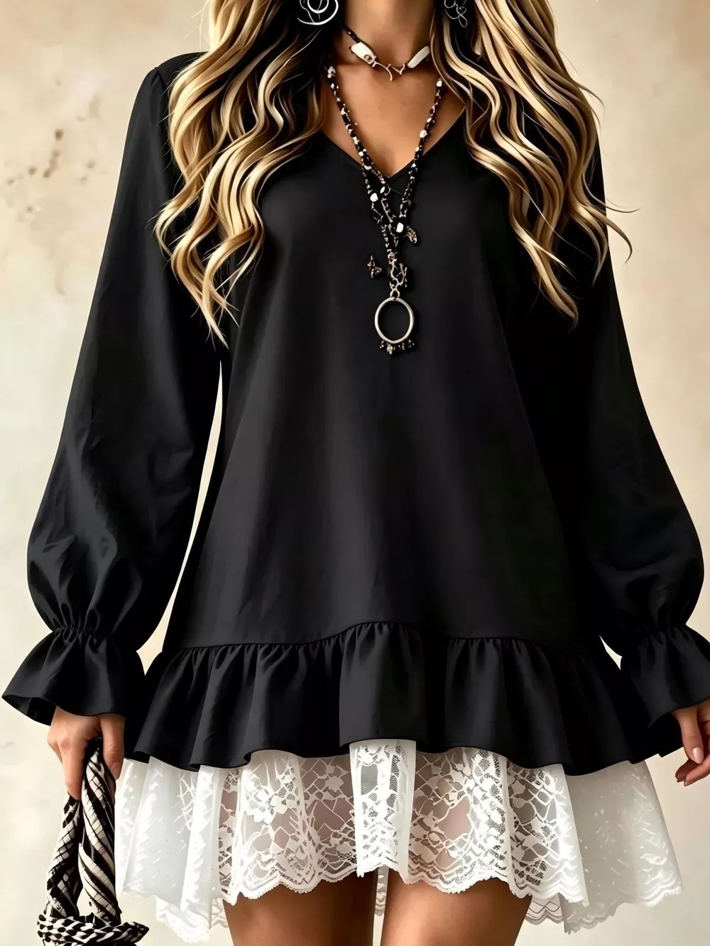 V-Neck Long Sleeve Ruffle Hem Lace Trim Mini Dress, image 9