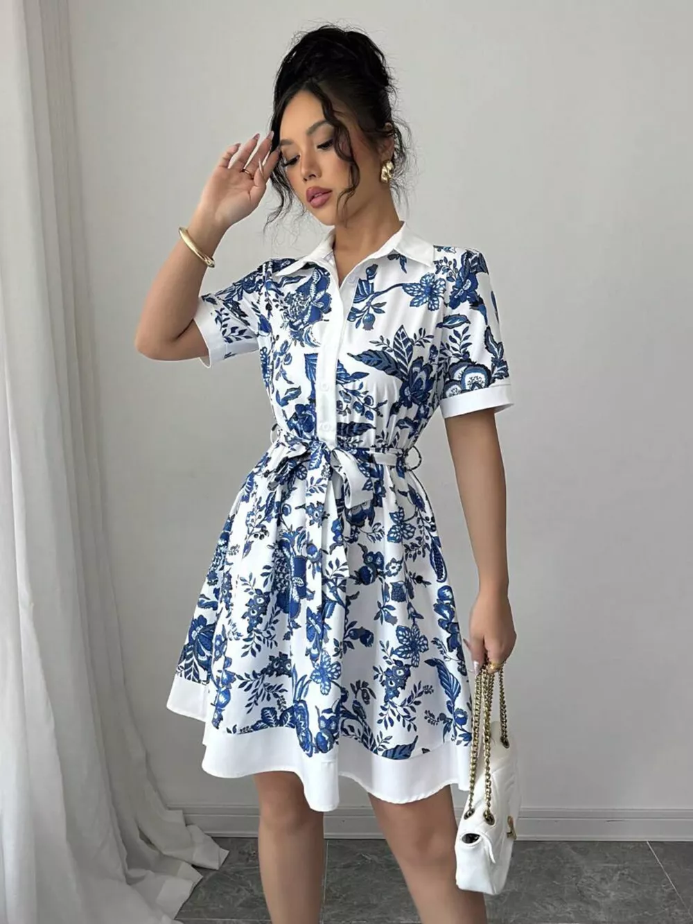 Floral Print Button-Front Shirt Dress, image 7