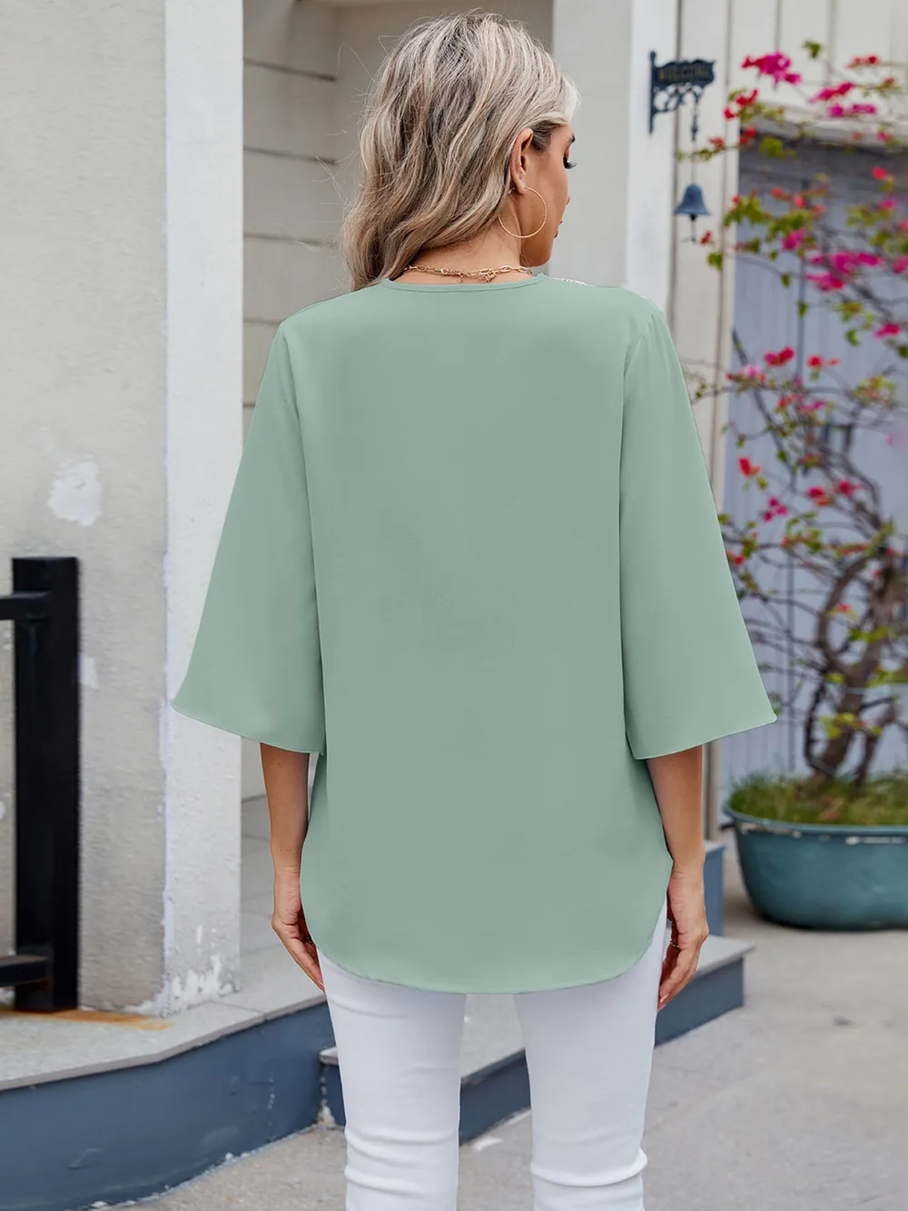 V-Neck Lace Trim Blouse, image 2