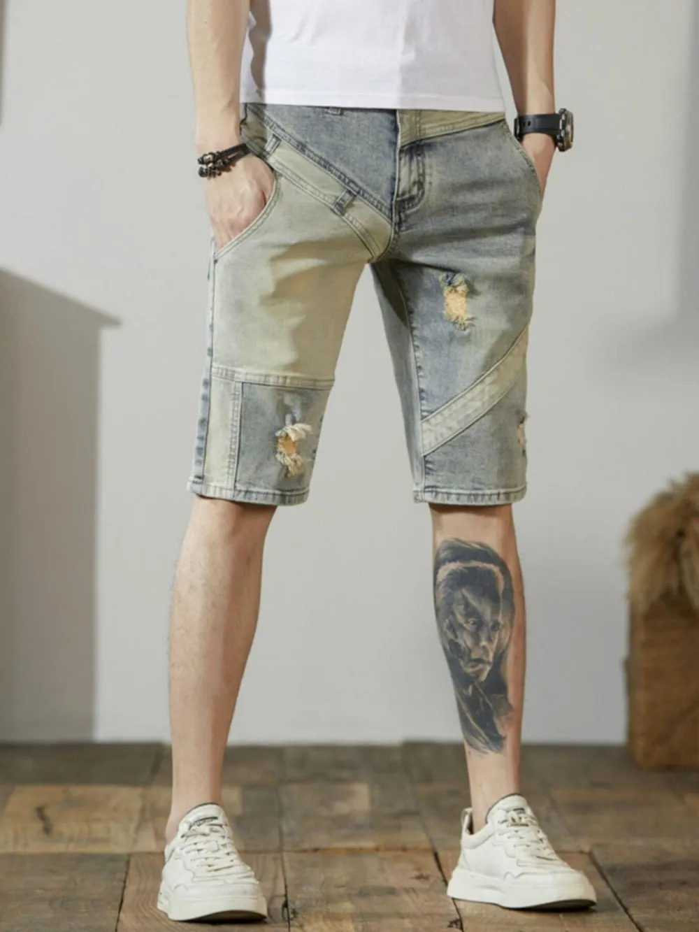 Men's Distressed Wash Denim Shorts, image 3