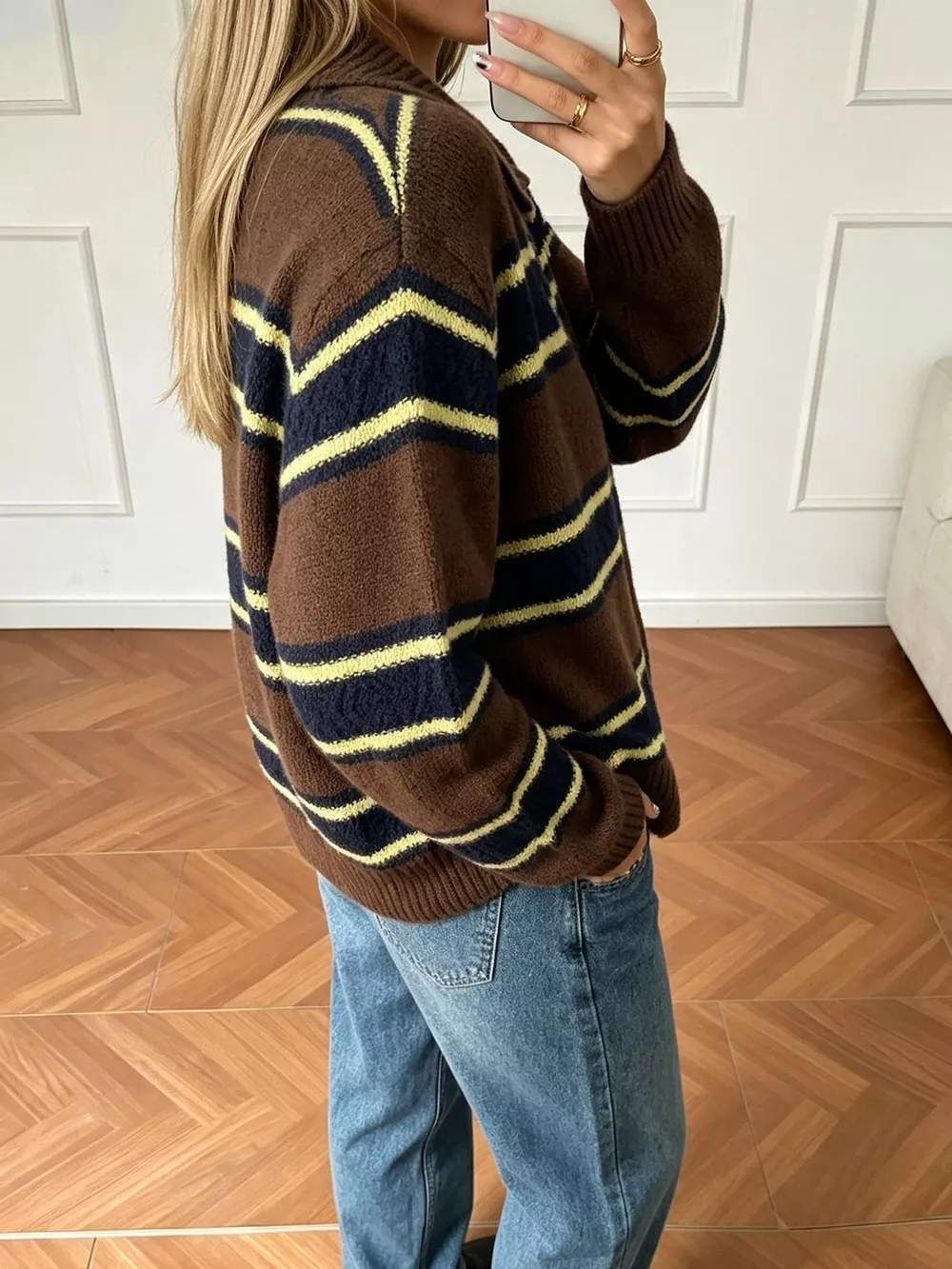 Vintage-Inspired Striped Knit Cardigan with Polo Collar, image 12