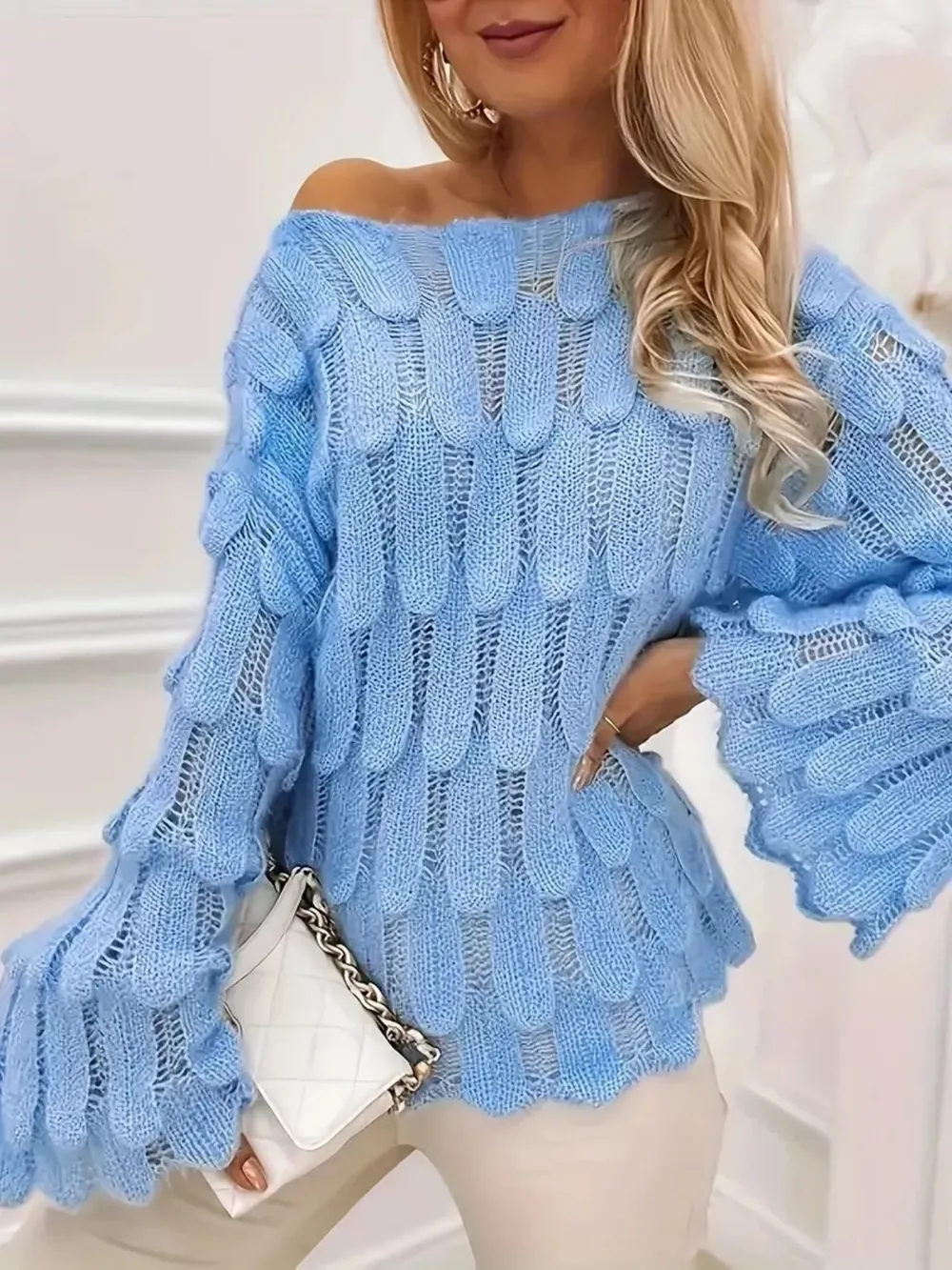 Textured Knit Bell Sleeve Knit Top, image 3