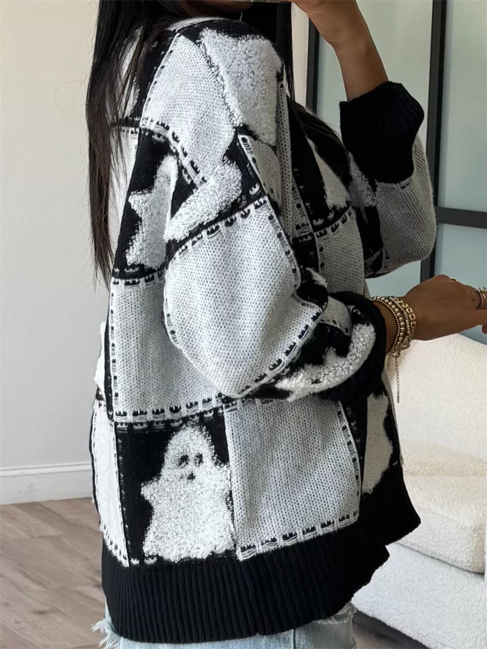 Halloween Ghost Checkered Drop Shoulder Sweater, image 2