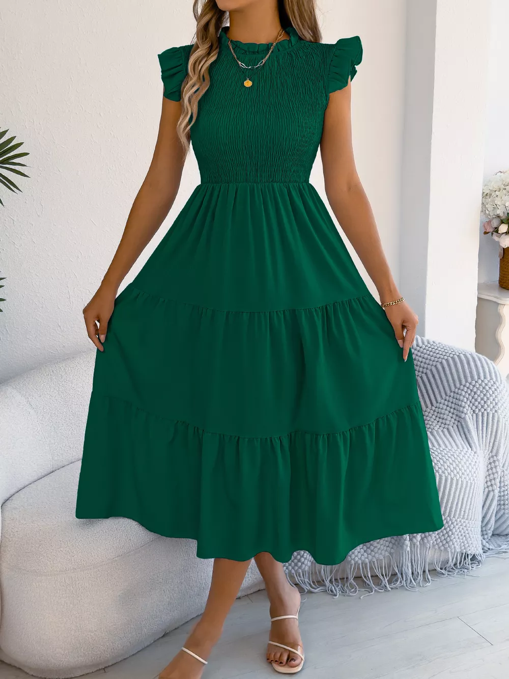 Smocked Ruffled Cap Sleeve Dress, image 2