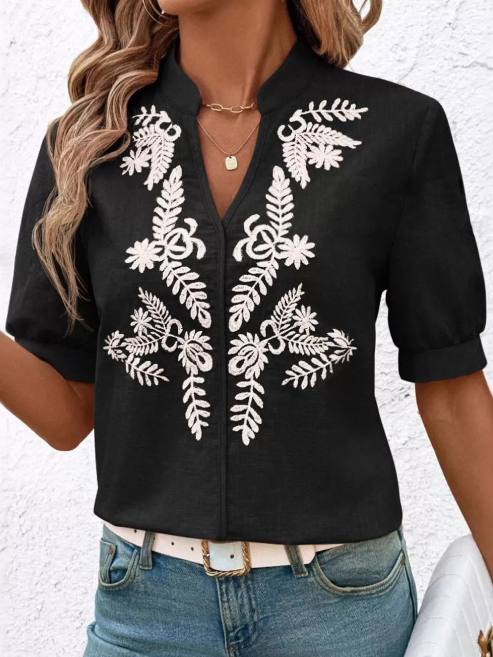 Embroidered Notched Short Sleeve Blouse, image 16