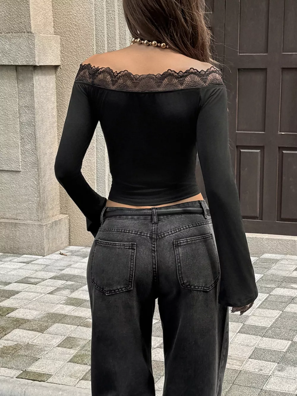 Off-Shoulder Lace Trim Long Sleeve T-Shirt, image 5
