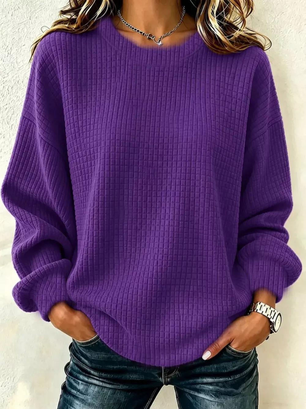 Full Size Textured Crew Neck Long Sleeve Sweatshirt Plus Size, image 3