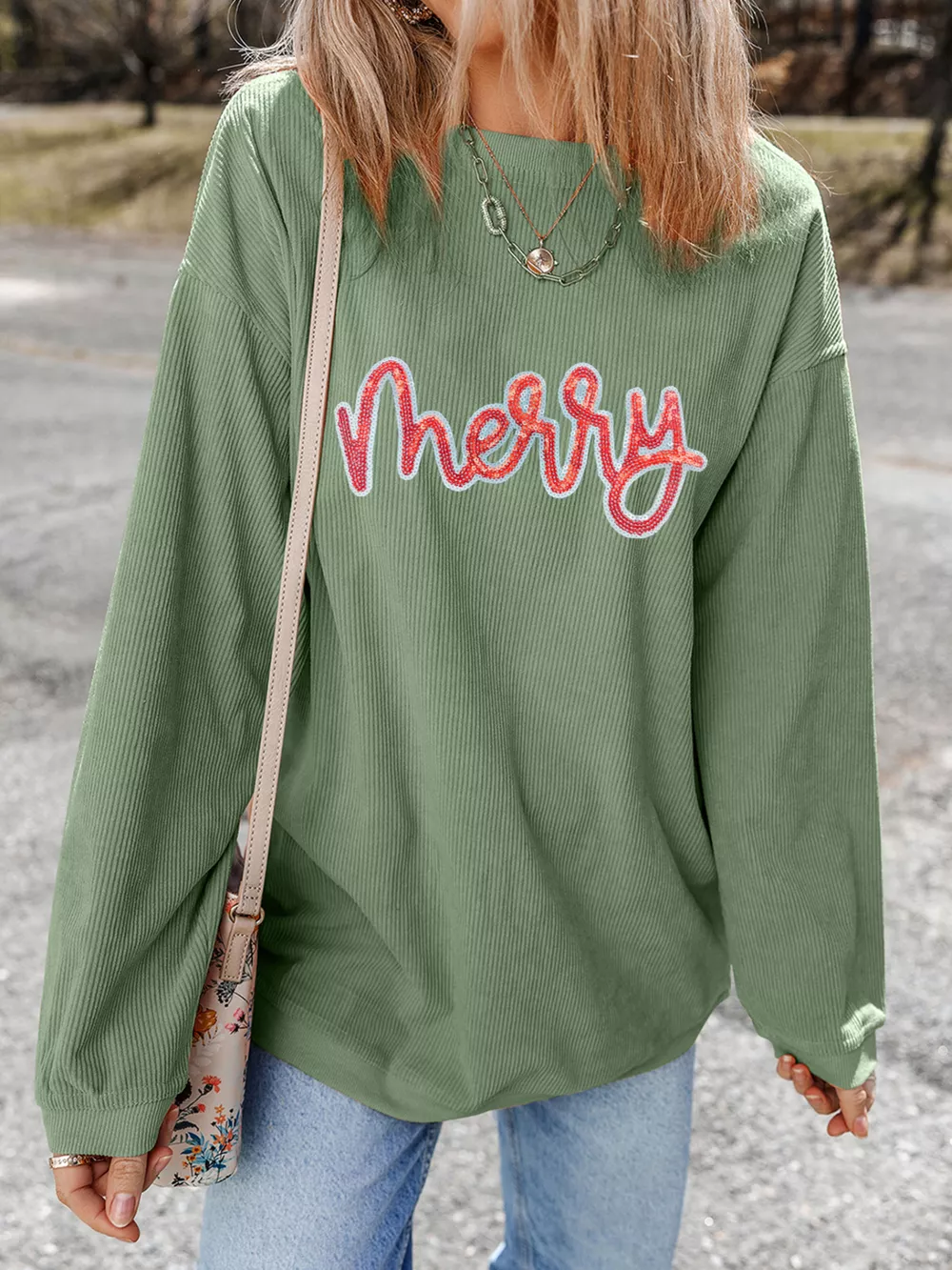 Merry Letter Christmas Sequined Twisted Ribbed Sweatshirt, image 2