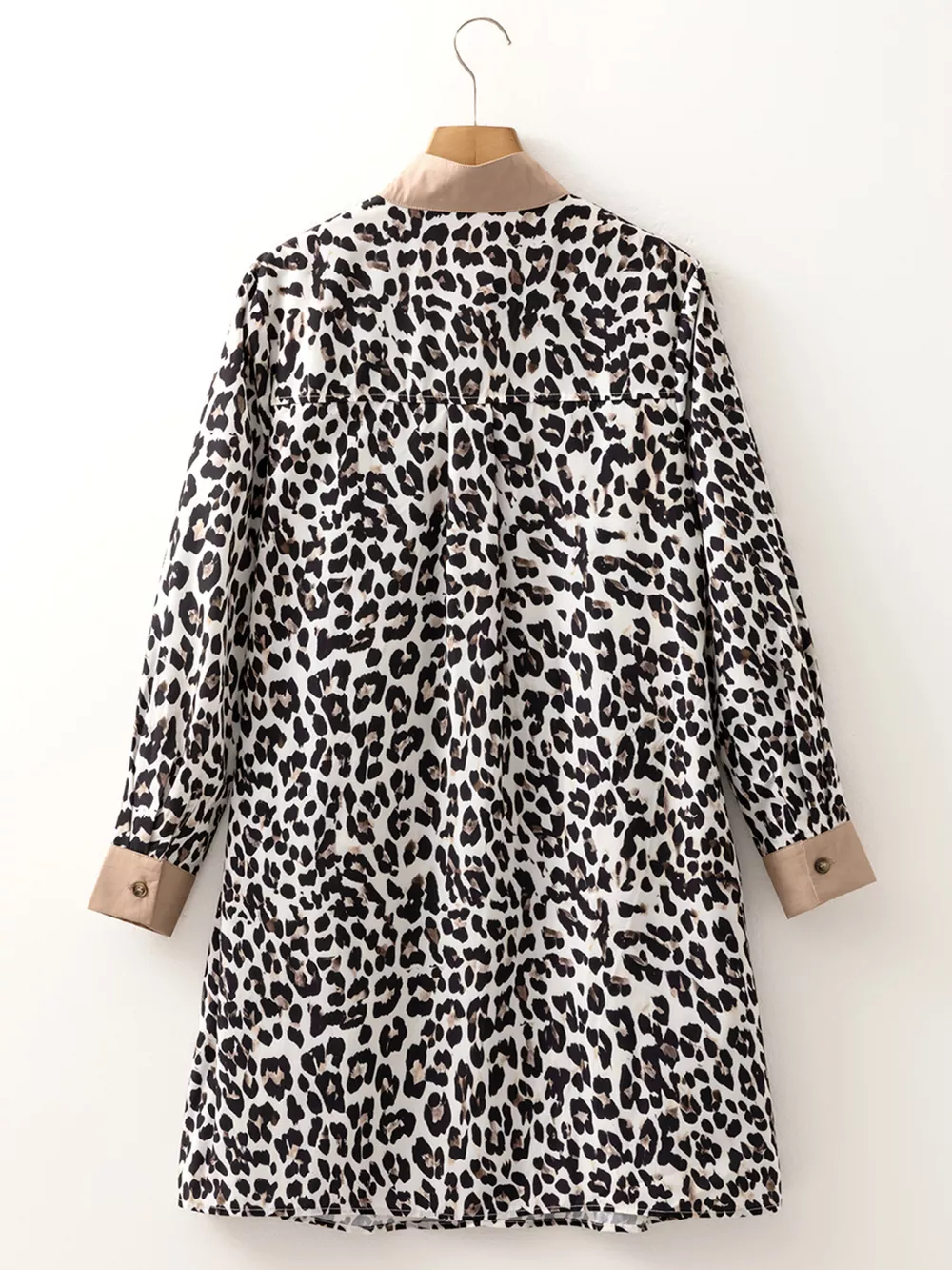 Striped Collar Leopard Print Long Sleeve Flared Dress, image 7