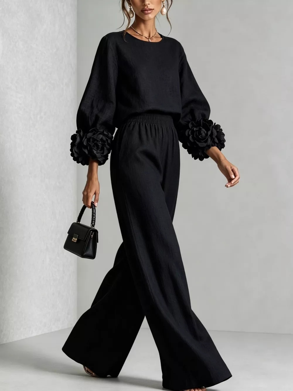 Full Size Floral Cuffs Top and Wide Leg Pants Set Plus Size