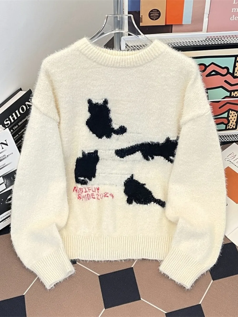Men's Cute Cat Fuzzy Knit Pullover, image 3