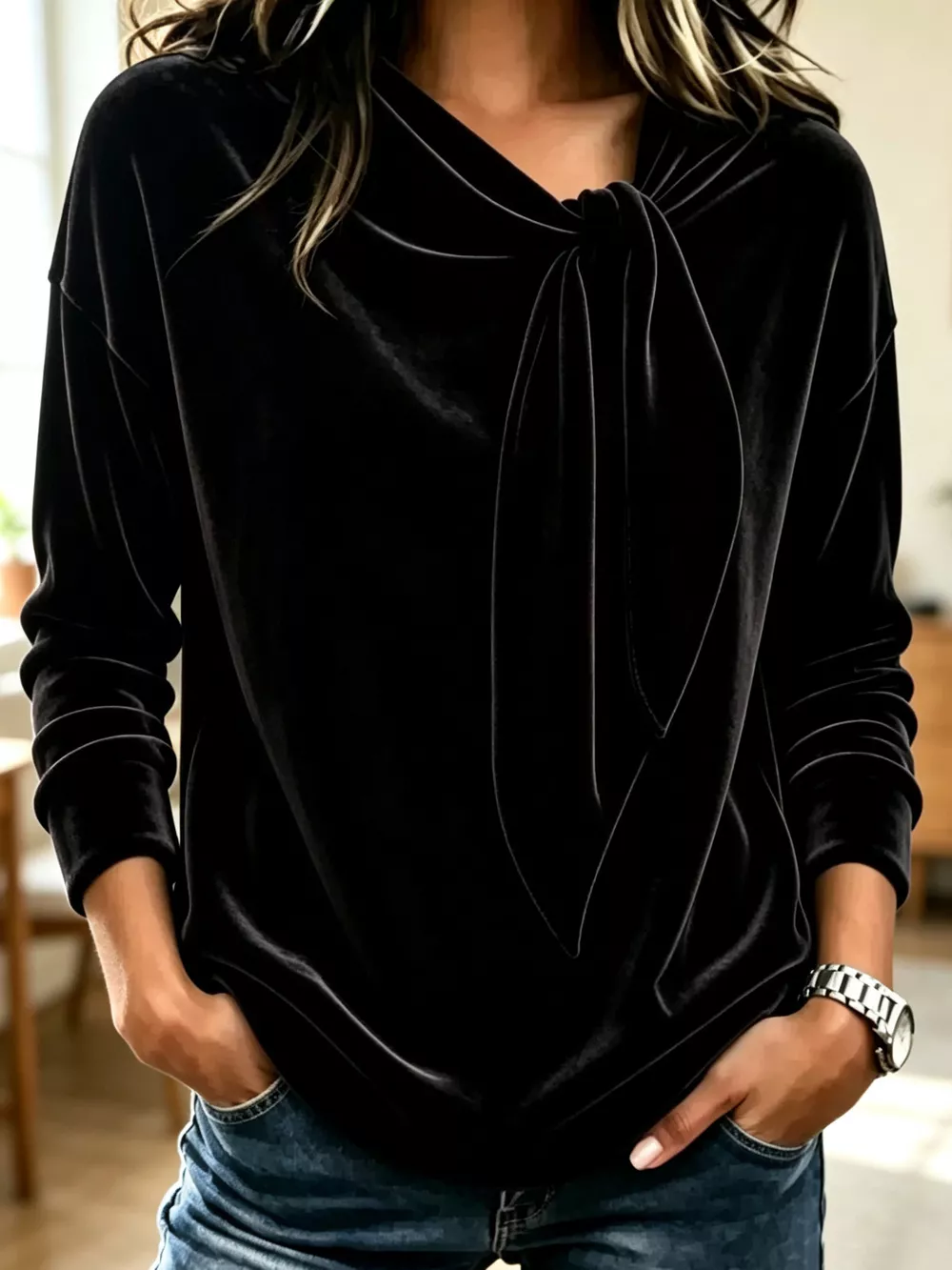 Velvet Tie Front Long Sleeve Sweatshirt, image 10