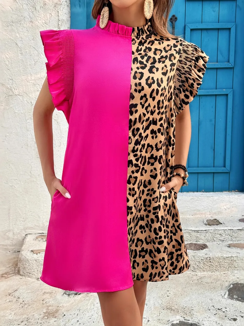 Leopard Color Block Ruffle Sleeve Dress, image 2